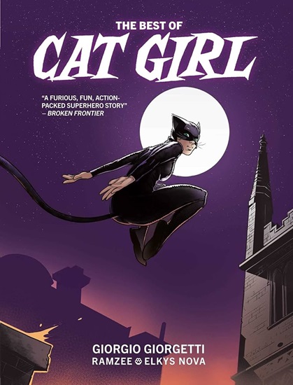 A girl in a black cat suit complete with tail and cat mask with whiskers, only her hands and lower half of her face left bare, in mid jump from roof top to roof top.